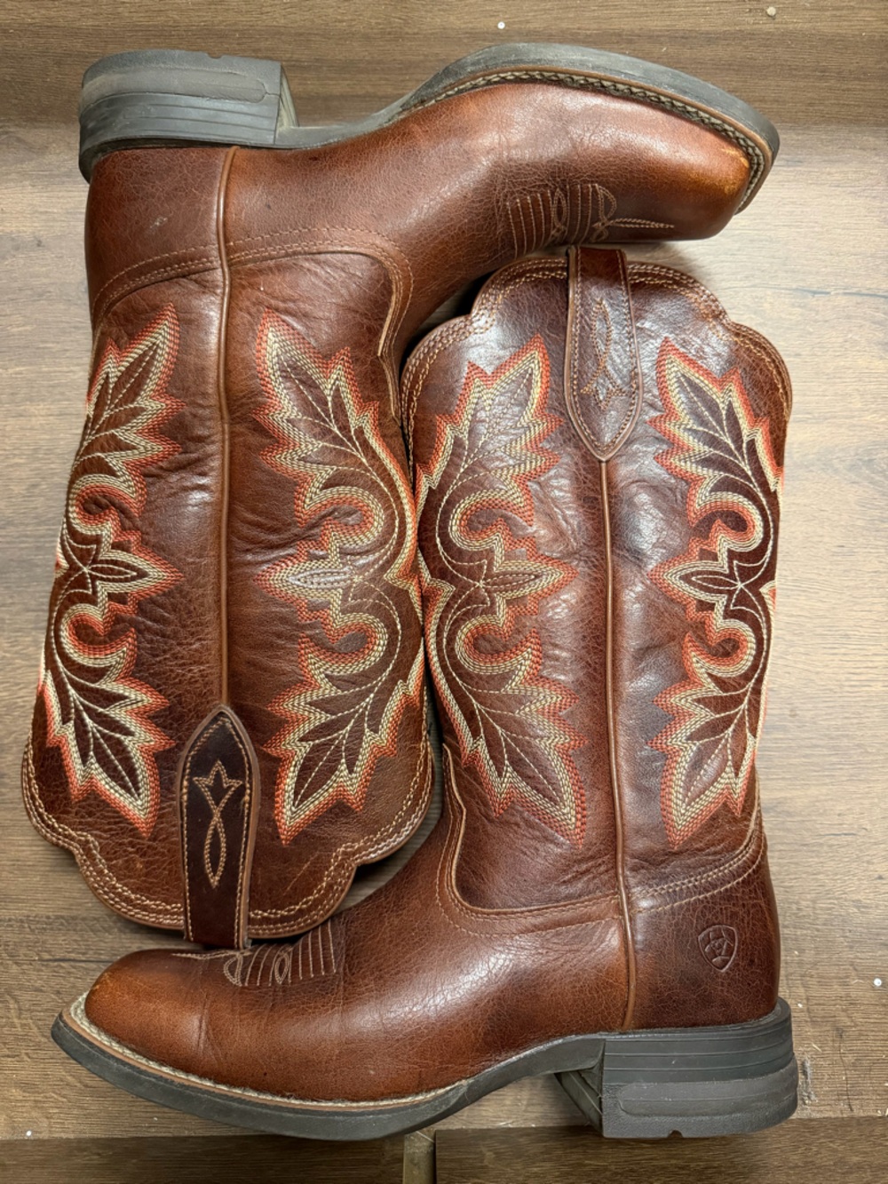 Ariat Brown Leather Western Heeled Boots with Red & Cream Stitching